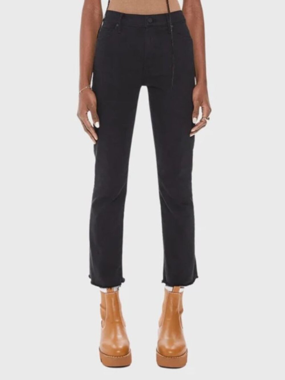 Mother Rascal Ankle Fray Black Mid-Rise Straight Leg Jeans, Size 26